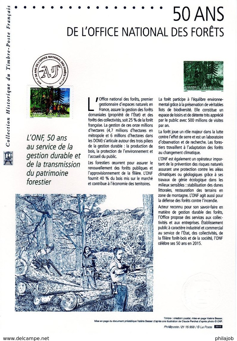 " 50 ANS DE L'OFFICE NATIONAL DES FORETS ONF." Sur Document Philatélique Officiel De 2015  N° YT 5011. Parfait état DPO - Documenti Della Posta