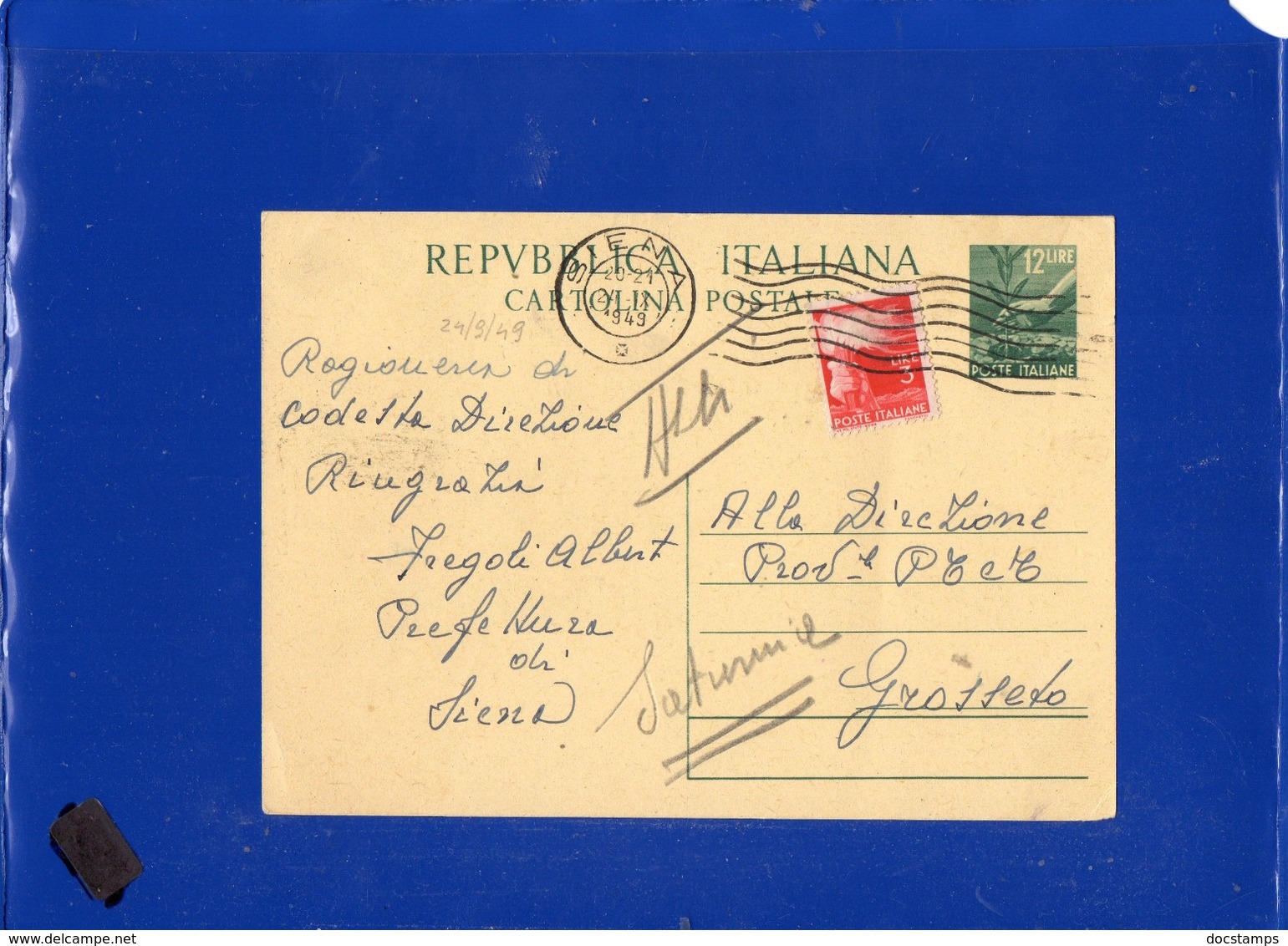 ##(DAN199)-Italia 1949-cartolina Postale Democratica L.12 Da Siena Per Grosseto In Tariffa L.15 - 1946-60: Storia Postale