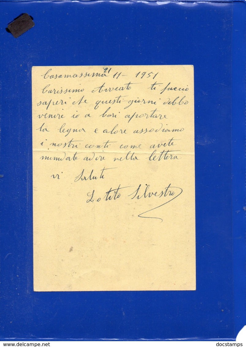 ##(DAN199)-Italia 1951-cartolina Postale Democratica L.15 Da Casamassima (Bari) Per Città In Tariffa L.20 - 1946-60: Poststempel