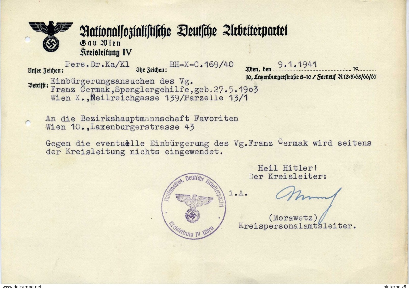 Ostmark; Brief Der NSDAP, Gau Wien; Betr. Einbürgerung; 9. 1. 1941 - Historische Dokumente