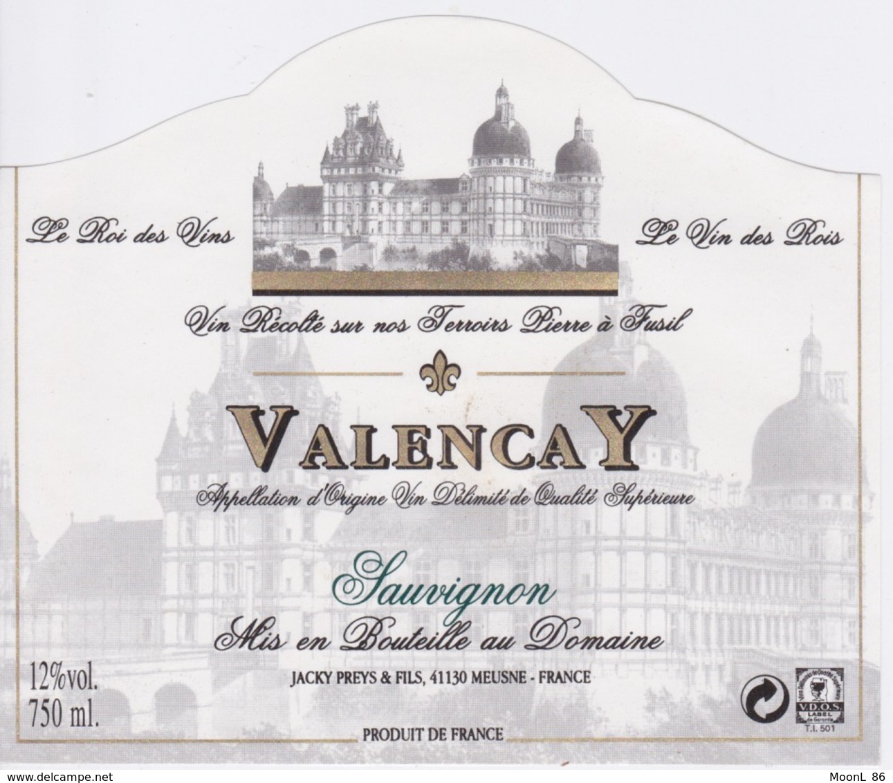 ANCIENNE ETIQUETTE VIN BLANC SAUVIGNON  - VALENCAY - CUVEE PRESTIGE  MEUSNE - - Castelli