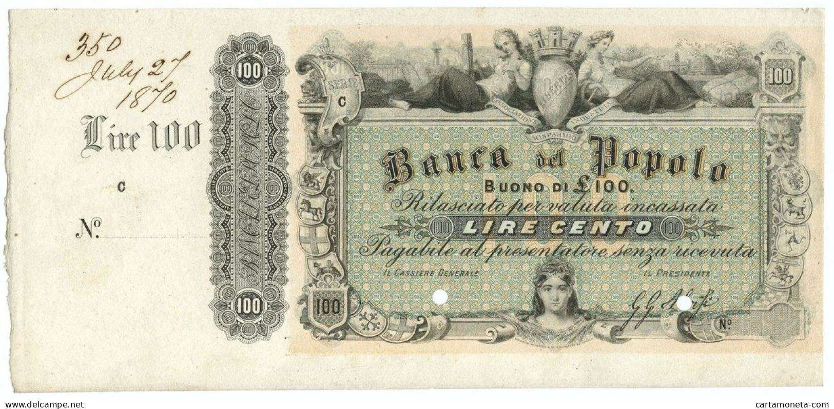 100 LIRE BANCA DEL POPOLO SPECIMEN CON MATRICE NON EMESSO CA 1870 FDS-/FDS - [ 8] Vals En Specimen