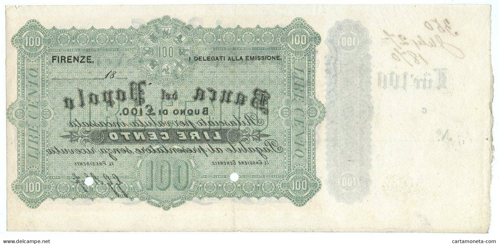 100 LIRE BANCA DEL POPOLO SPECIMEN CON MATRICE NON EMESSO CA 1870 FDS-/FDS - [ 8] Vals En Specimen