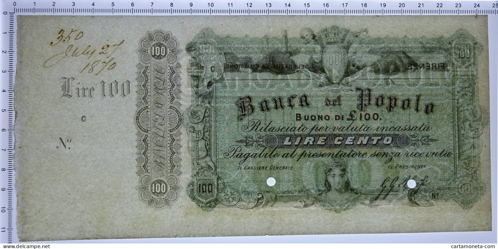 100 LIRE BANCA DEL POPOLO SPECIMEN CON MATRICE NON EMESSO CA 1870 FDS-/FDS - [ 8] Vals En Specimen