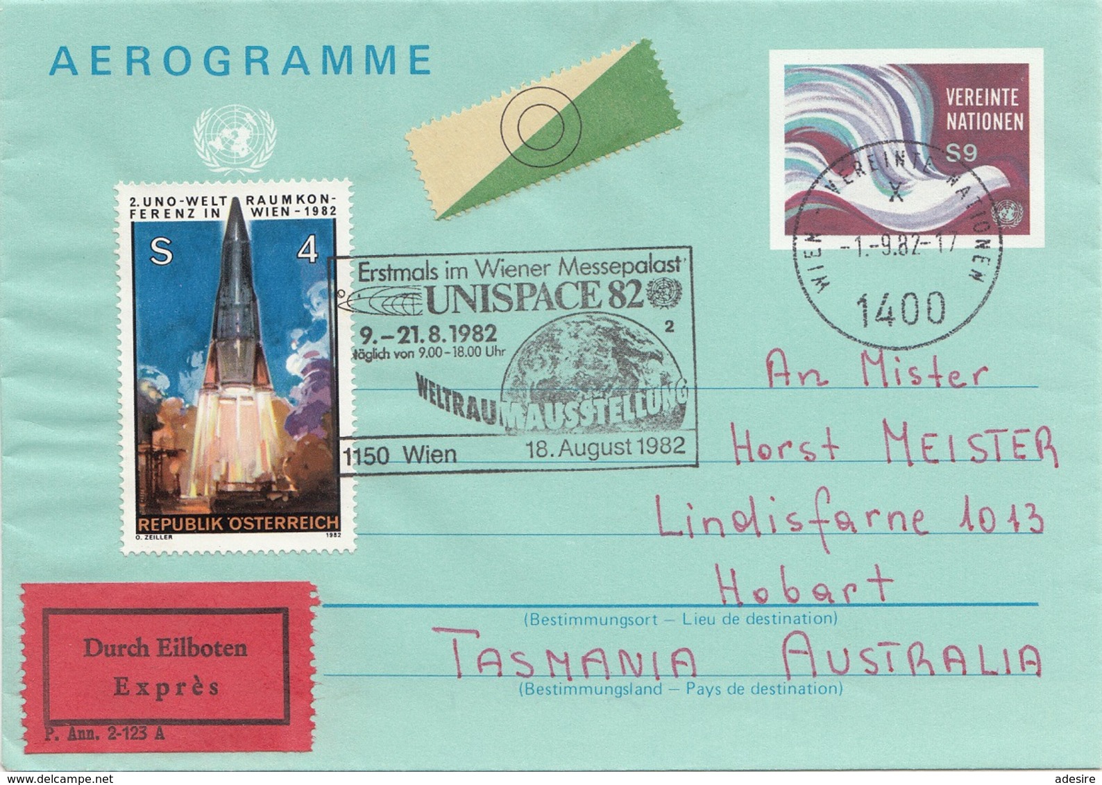 AEROGRAMM VN UNISPACE 82 EXPRESS - 4 + 9 S Österreich Und Vereinte Nationen + Sonderstempel - Sonstige & Ohne Zuordnung