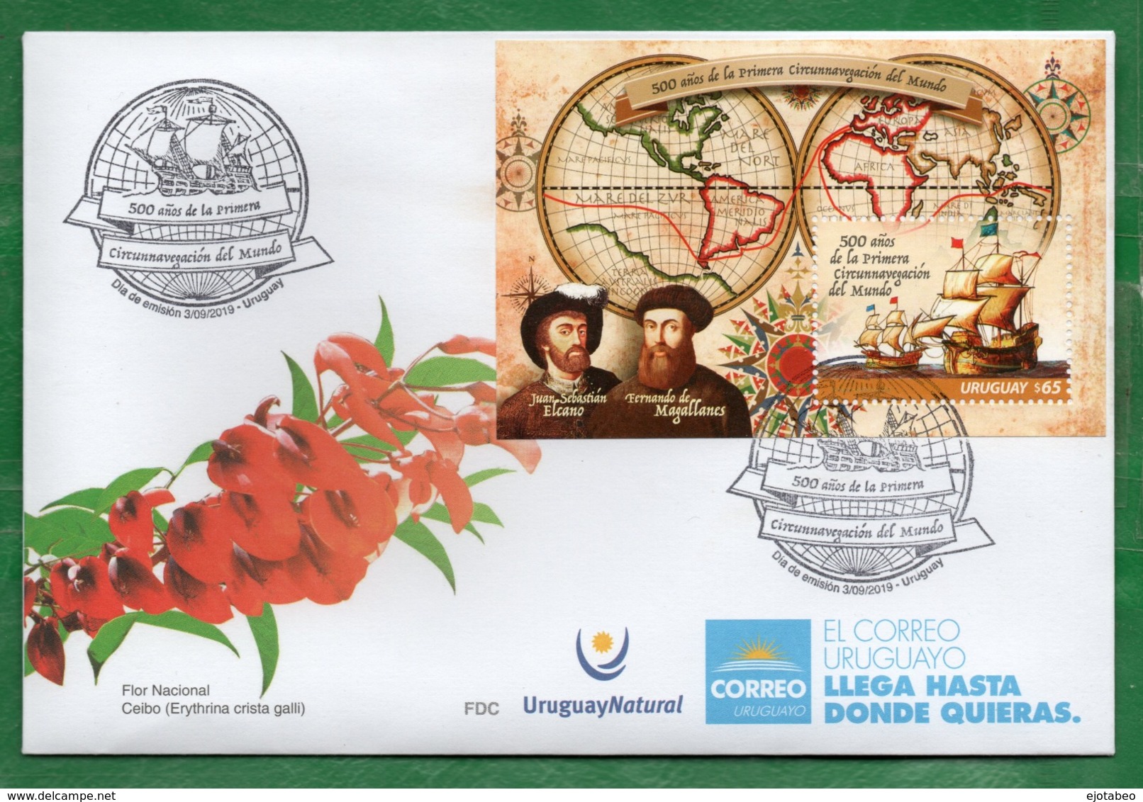 1685aURUGUAY 2019-En FDC ( X Por 10) 500 Años De La Primera Vuelta Al Mundo TT: Mapas,Barcos,Banderas,Brújulas,Sombreros - Uruguay