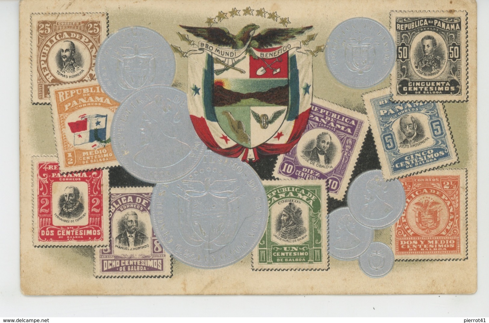 PANAMA - Jolie Carte Gaufrée Avec Timbres Et Pièces De Monnaie Du PANAMA (embossed Postcard) - Panama