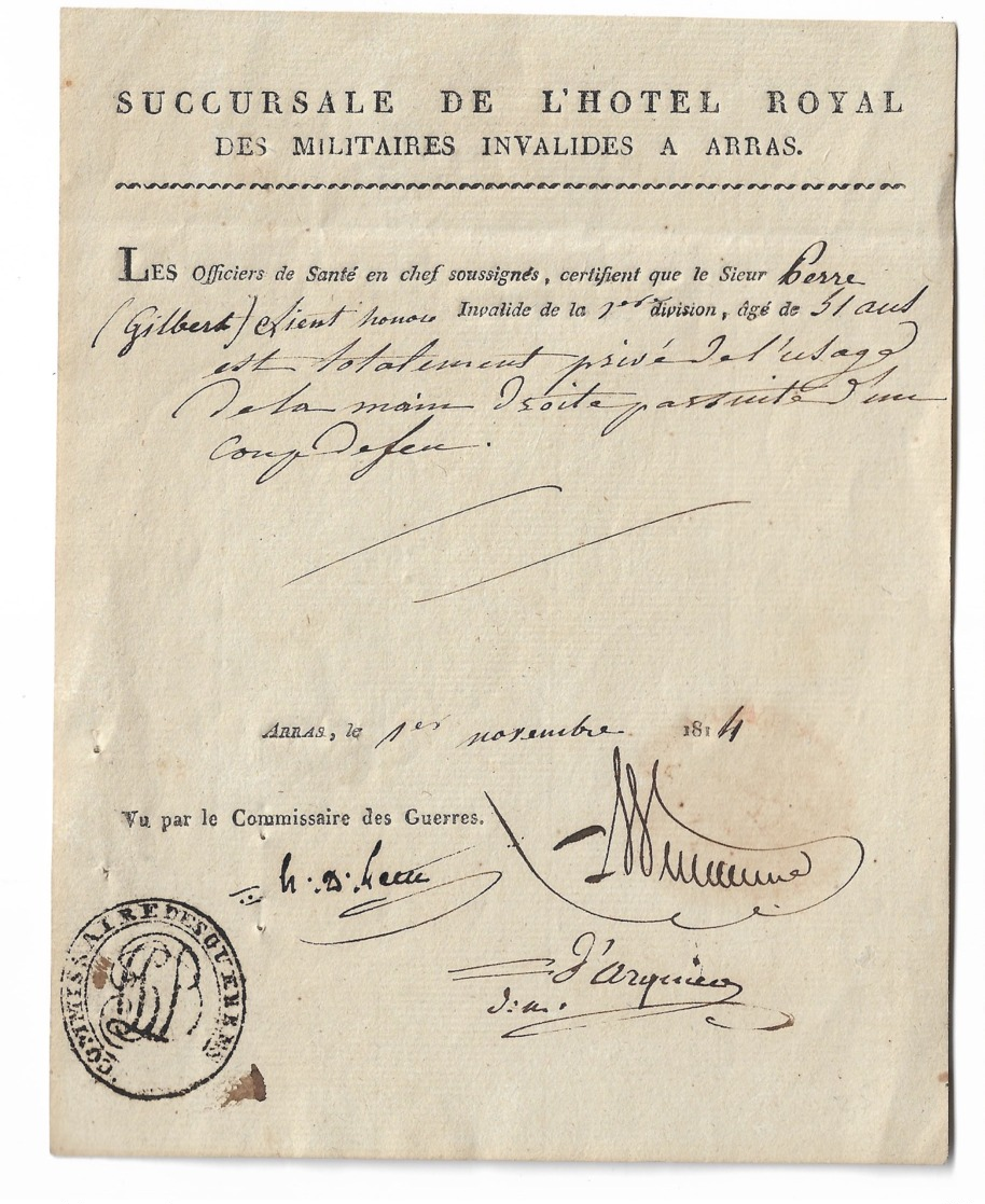 COMMISSAIRE DES GUERRES  1814  ARRAS  Signature à Identifier - Documents Historiques