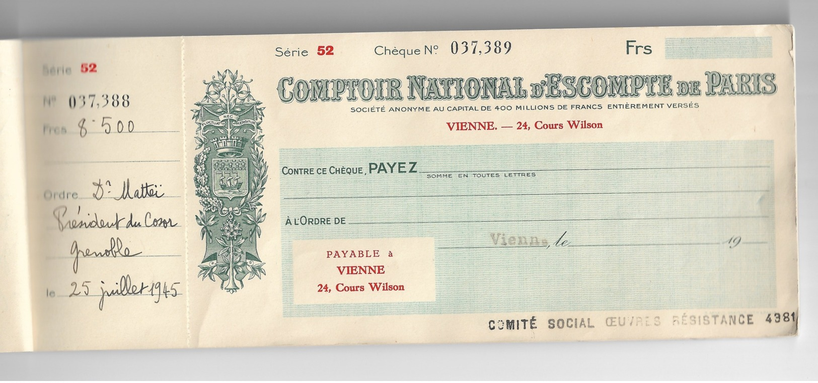 WW2  Comptoir National D'escompte De Paris 1945, Reste 12 Chéques Dans Ce Carnet. - Chèques & Chèques De Voyage