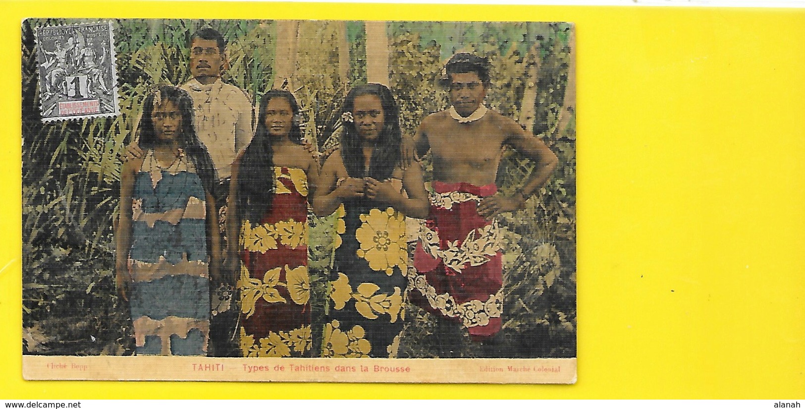 TAHITI Rare Colorisée "toilée" Types De Tahitiens Dans La Brousse (Bopp Marché Colonial) - Tahiti