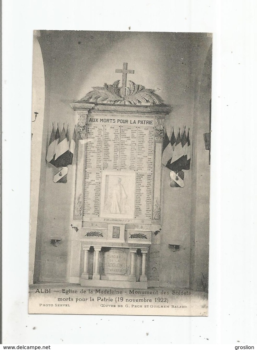 ALBI EGLISE DE LA MADELEINE MONUMENT DES SOLDATS MORTS POUR LA PATRIE (19 NOVEMBRE 1922) - Albi