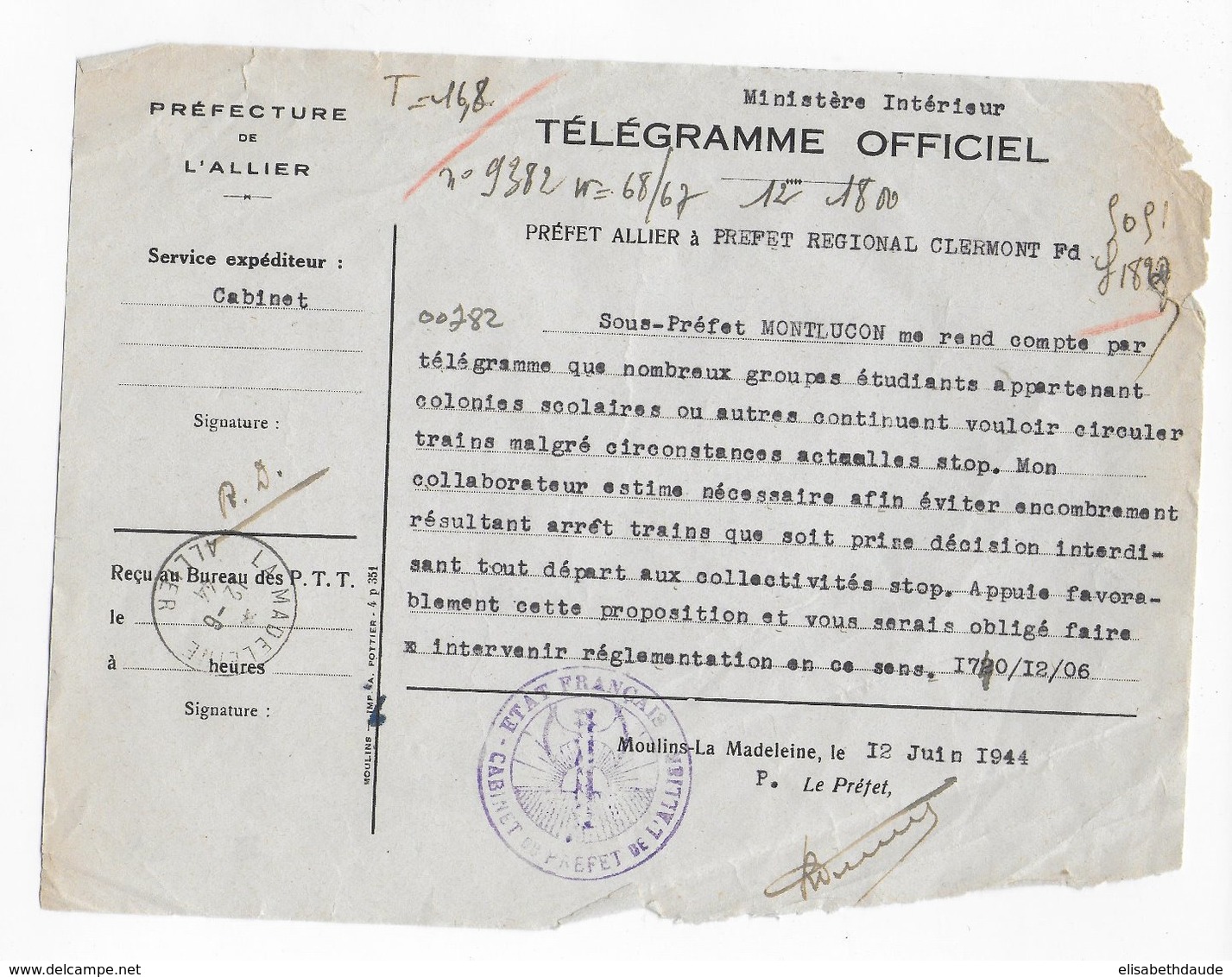 1944 - ETAT FRANCAIS - TELEGRAMME OFFICIEL INTERDICTION DE CIRCULATION Des COLLECTIVITES En TRAIN ! - WW II