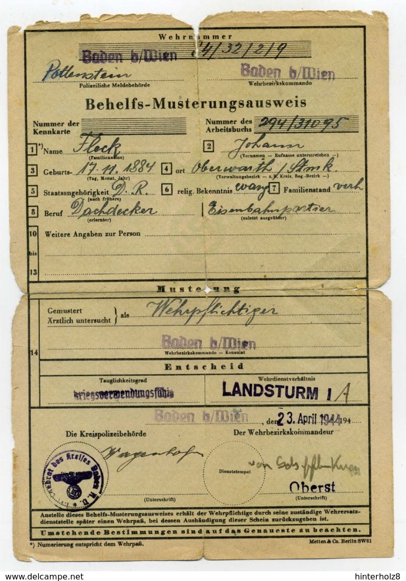 Ostmark / Baden Bei Wien; Behelfs-Musterungsausweis; 23. 4. 1944 - Dokumente