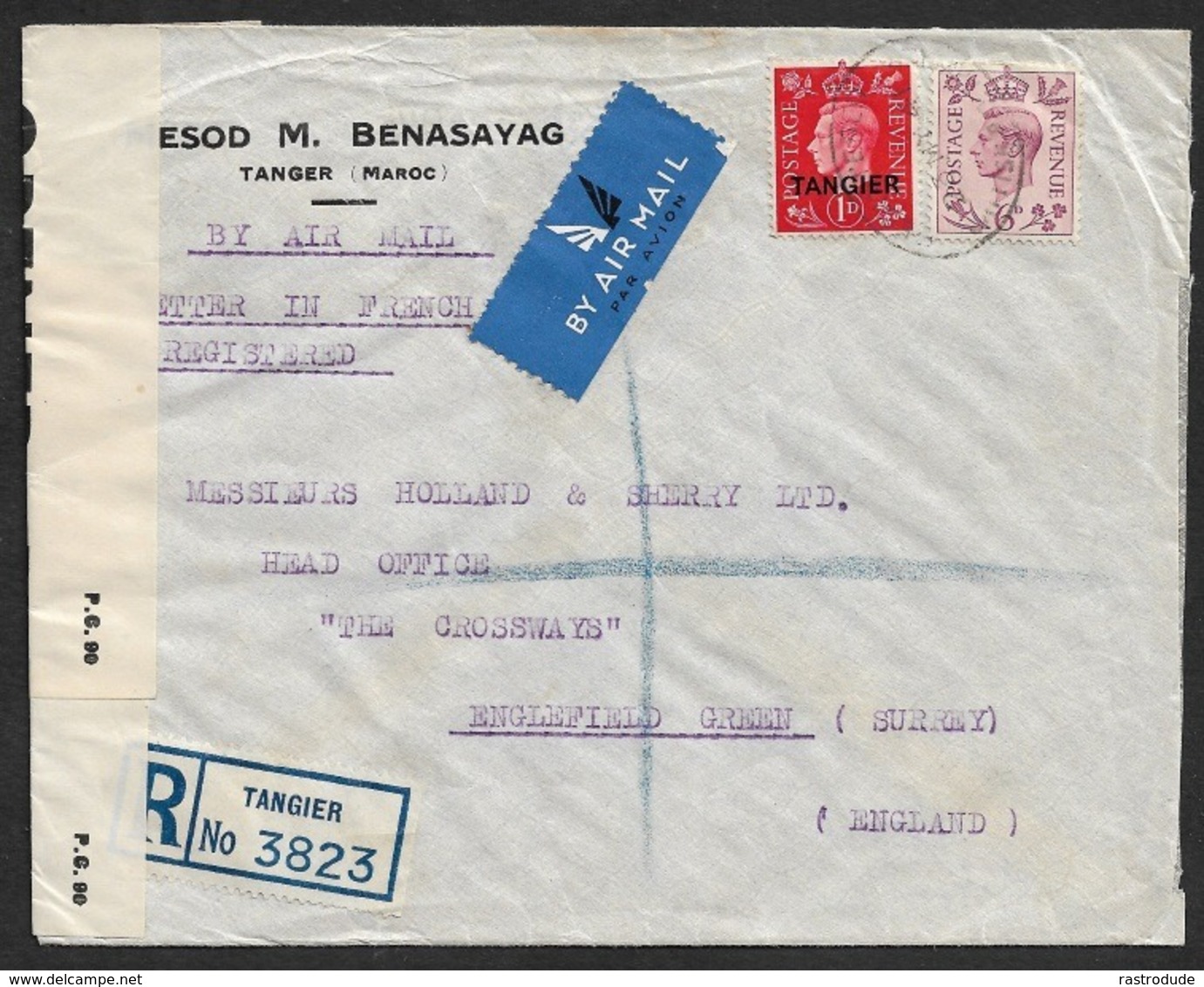 1940 - B.P.O TANGIER / GB Mixed Franking - Censored Registered Airmail To GB - Scarce - Morocco Agencies / Tangier (...-1958)