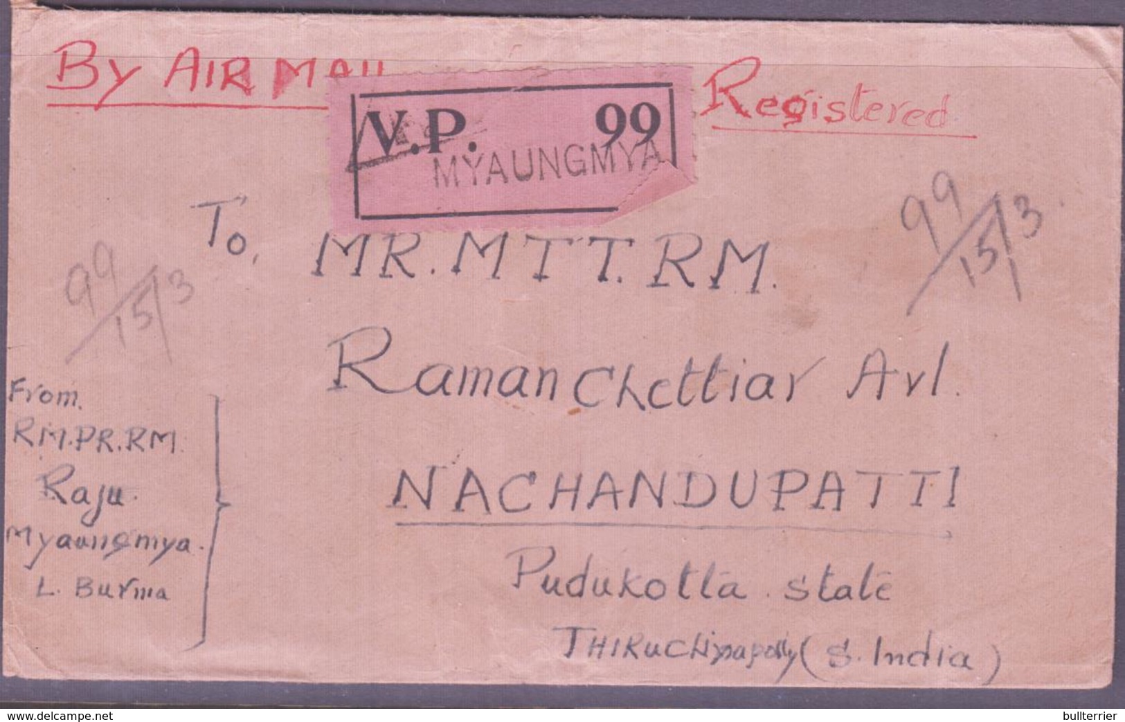 BURMA / MYANMAR - 1949 - REG AIRMAIL  COVER MYAUNMYA   TO NACHANDPATTI - Myanmar (Burma 1948-...)