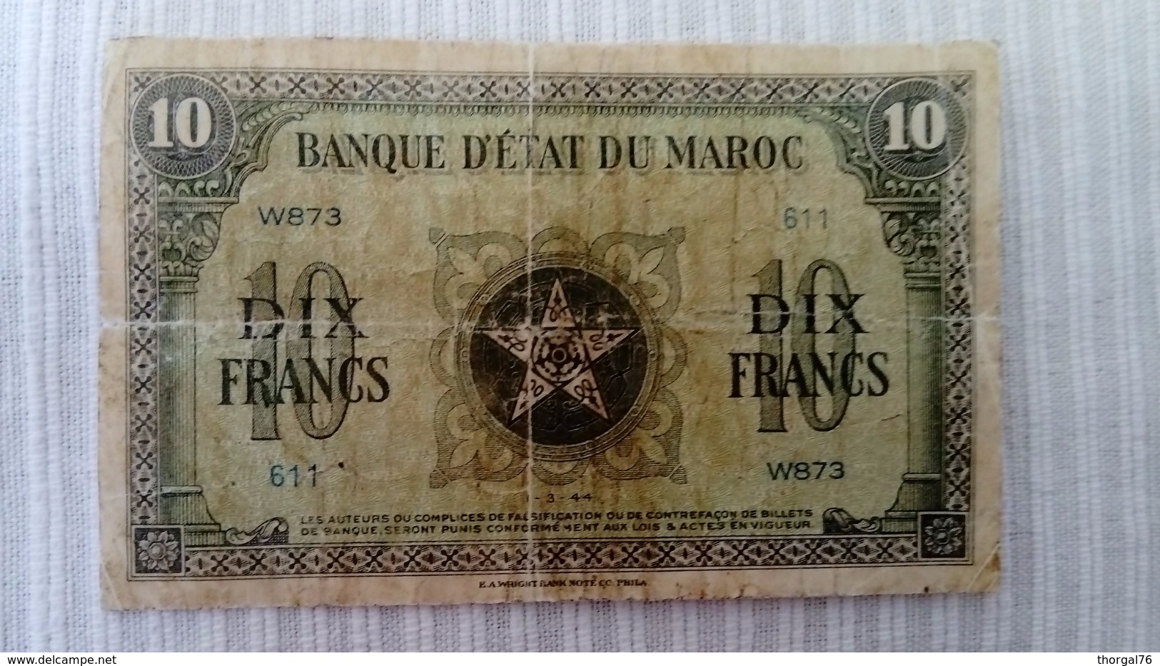 MAROC COLONIAL 1944 RARE BILLET DE 10 FRANCS - Marocco