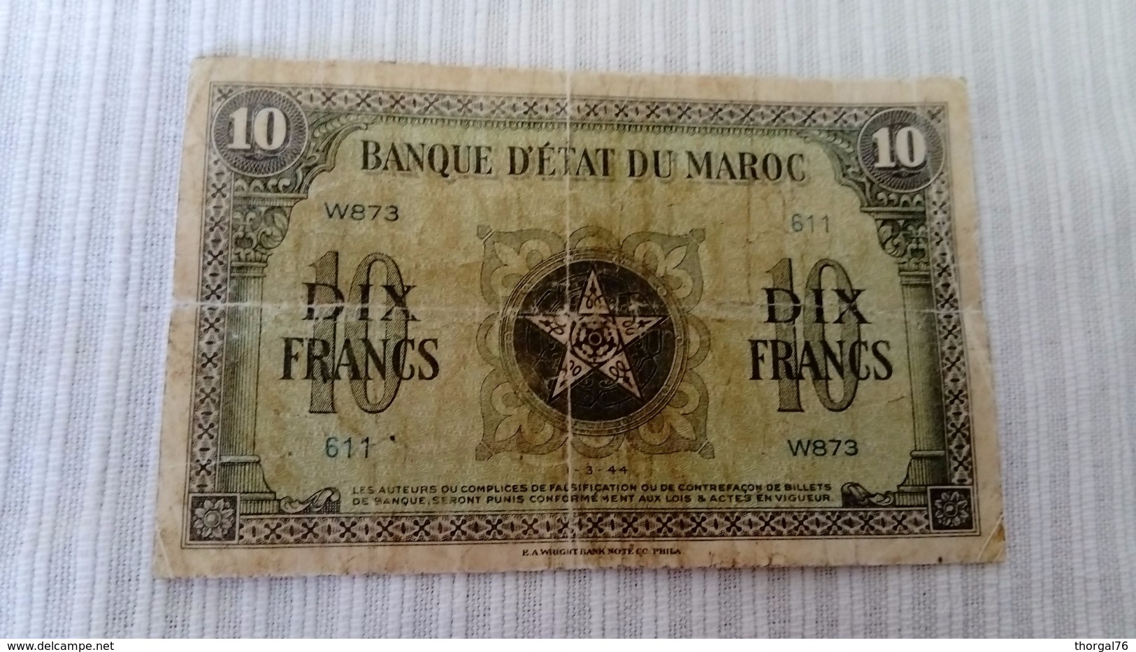 MAROC COLONIAL 1944 RARE BILLET DE 10 FRANCS - Morocco