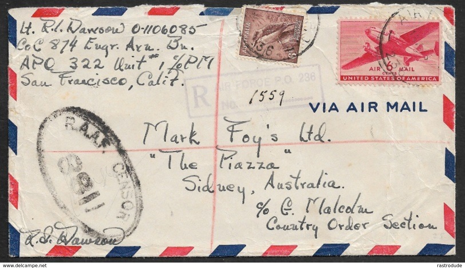 1945 - MIXED FRANKING U.S / AUSTRALIA APO 322 FINSCHHAFEN, NEW GUINEA Censored WWII Army Cover - 2c. 1941-1960 Lettres