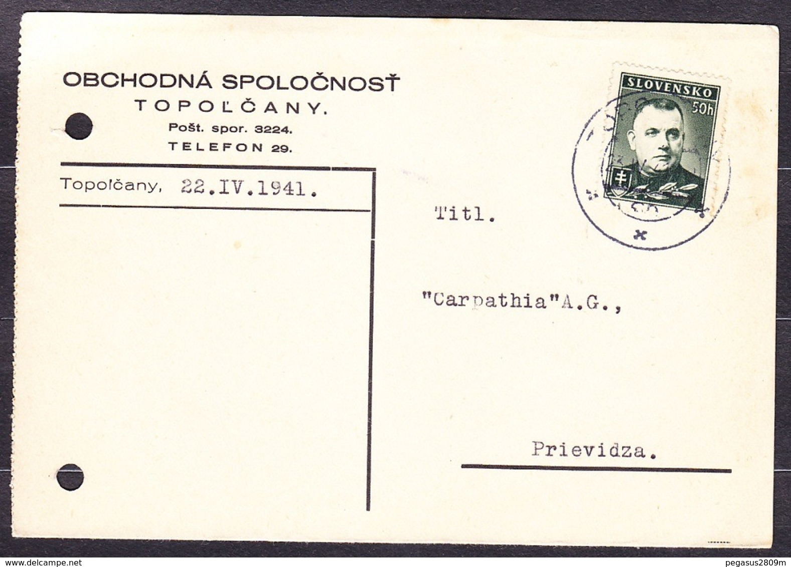 SLOVAKIA 1941, Company Postal Leaflet ( TRADING COMPANY - TOPOLCANY ), Posted To PRIEVIDZA. - Lettres & Documents