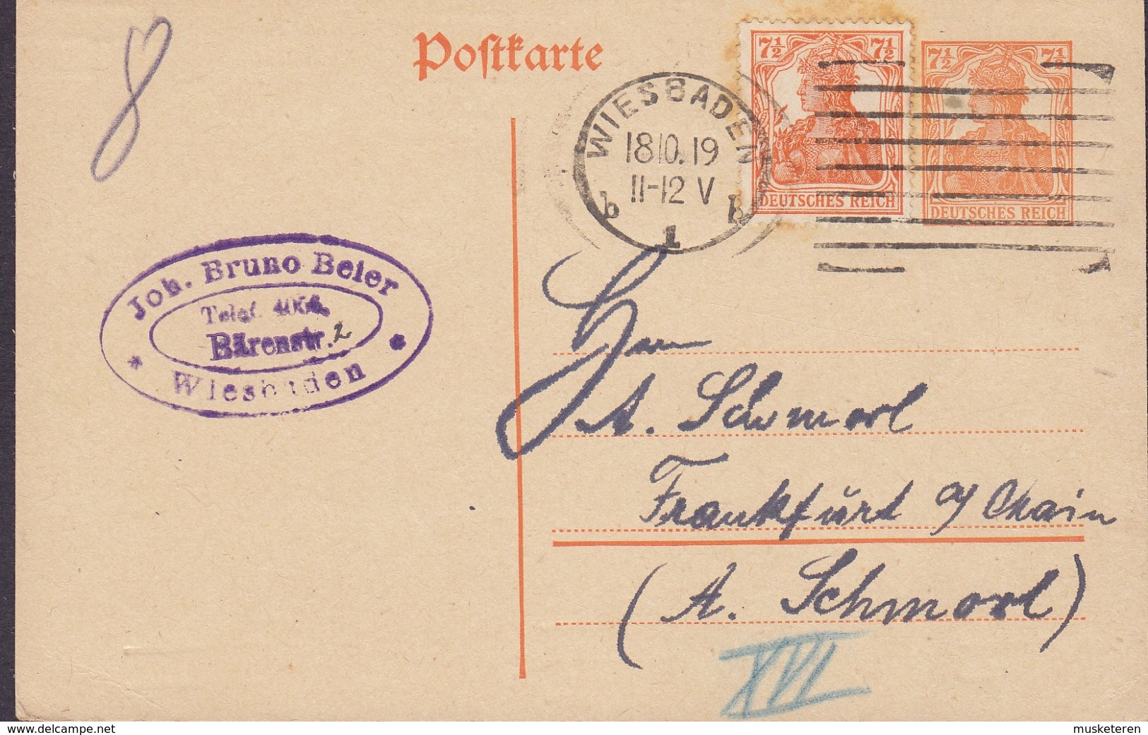 Germany Deutsches Reich Uprated Postal Stationery Ganzsache Entier JOH. BRUNO BEIER, WIESBADEN 1919 FRANKFURT - Postkarten