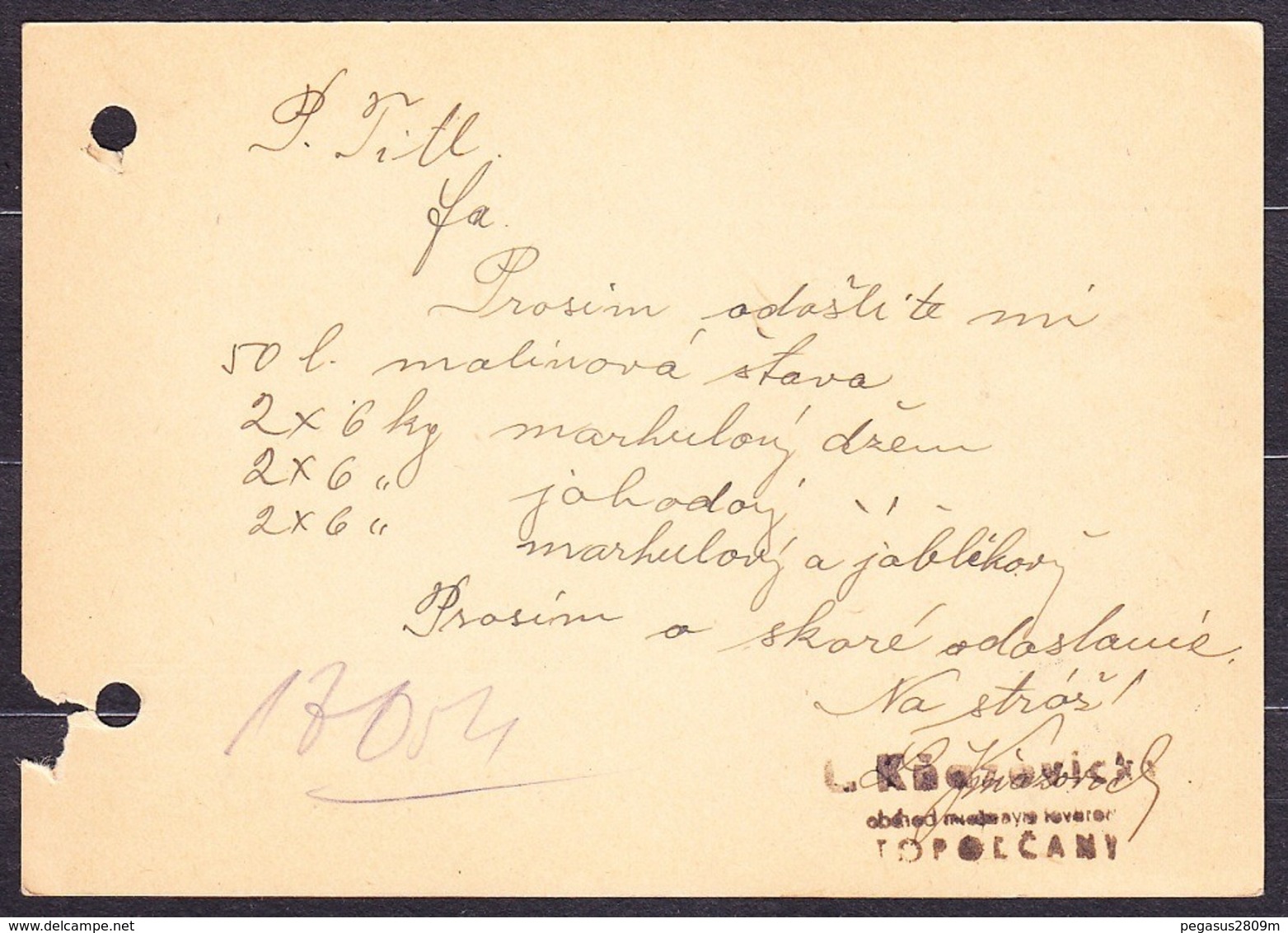 SLOVAKIA 1943, Company Postal Leaflet ( L. KNAZOVICKY, GROCERY STORE - TOPOLCANY ), Posted To PRIEVIDZA. - Lettres & Documents