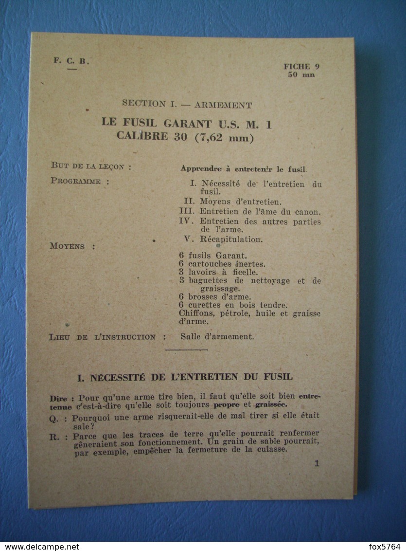 FICHE FCB / TTA 140 / FUSIL GARANT US M1 / ENTRETIEN DE L'ARME / 1956 - France