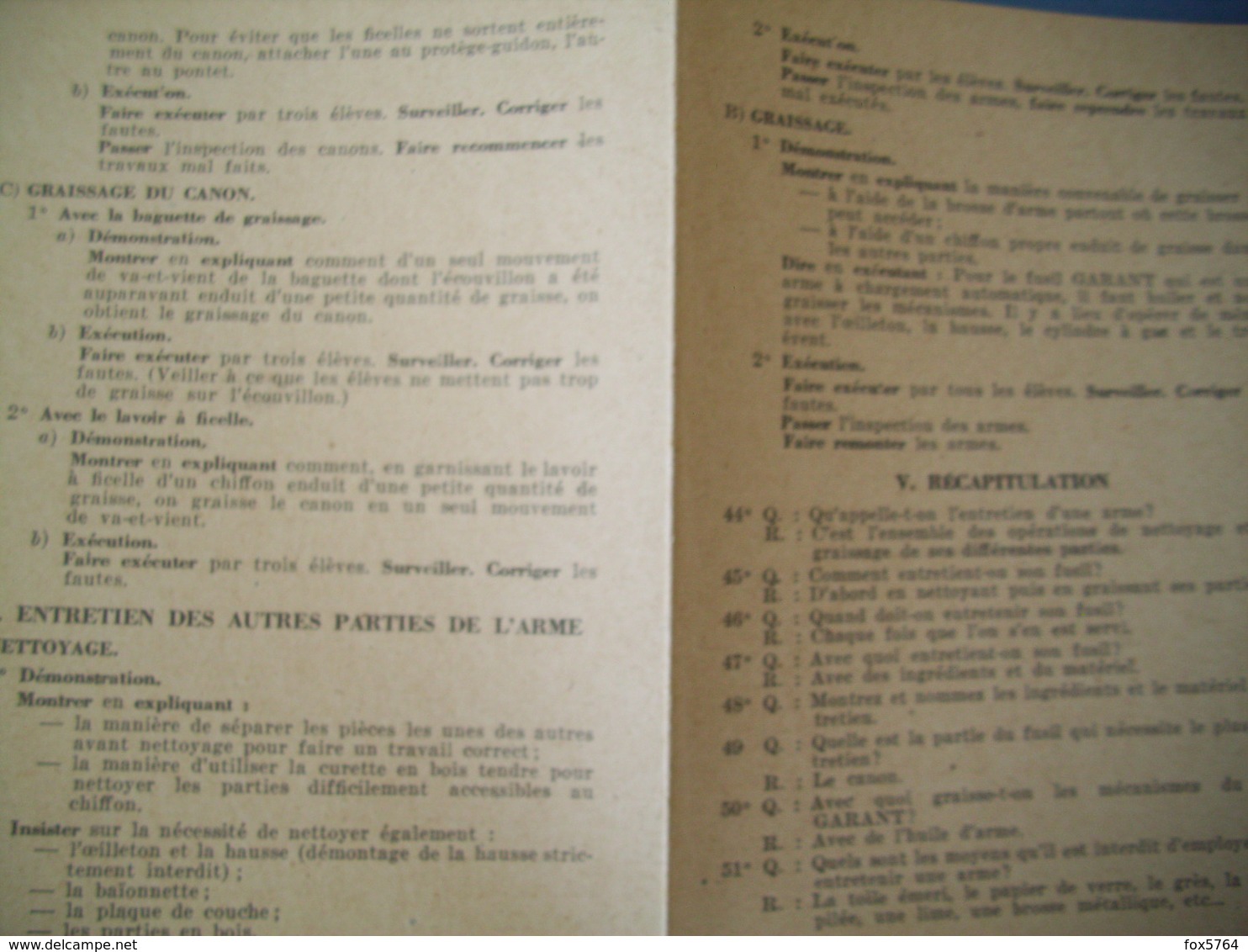 FICHE FCB / TTA 140 / FUSIL GARANT US M1 / ENTRETIEN DE L'ARME / 1956 - Frankrijk