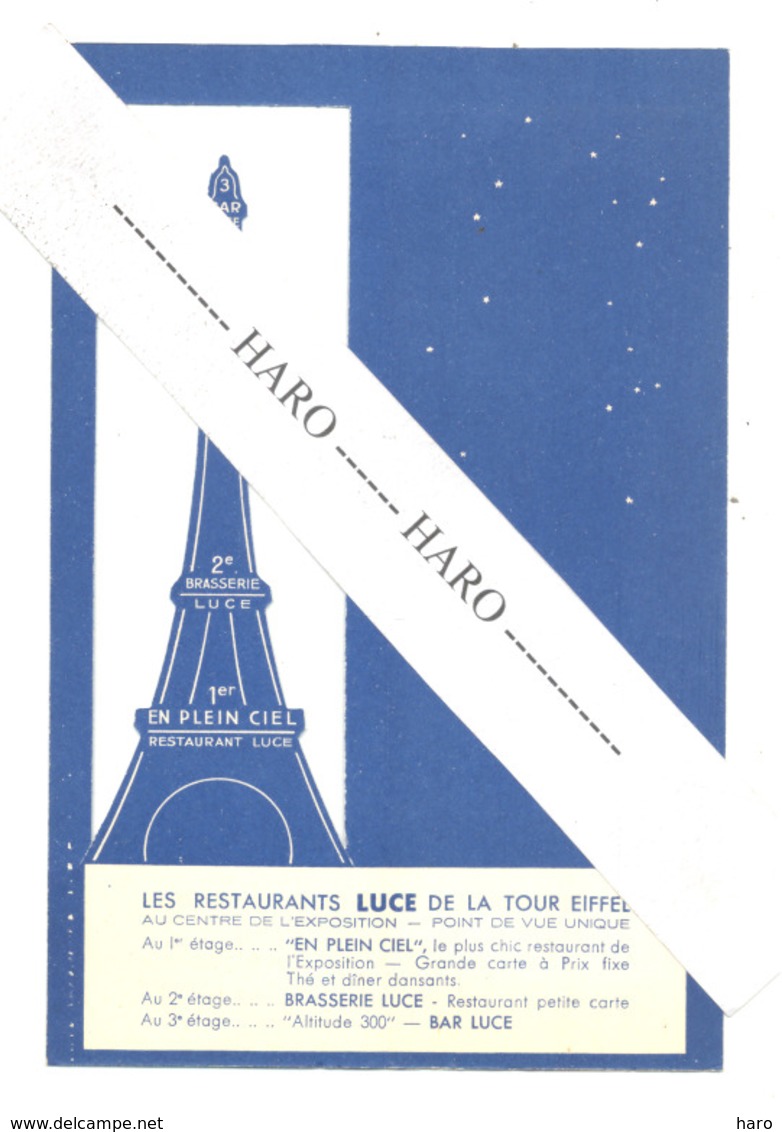 Marque-pages  - PARIS, Exposition Universelle 1937 - Restaurant Et Brasserie " LUCE" Sur La Tour Eifel - Signet  (b260) - Marque-Pages