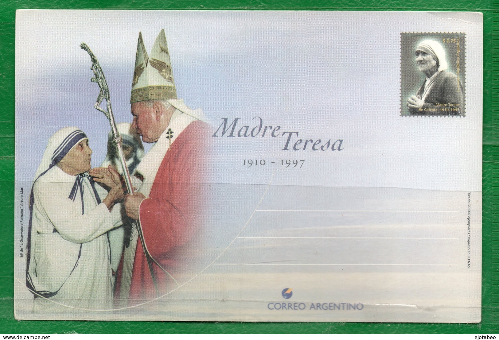 54 ARGENTINA 1997 Postal Del Correo. Fallecimiento De La Madre Teresa De Calcuta - Nuevos