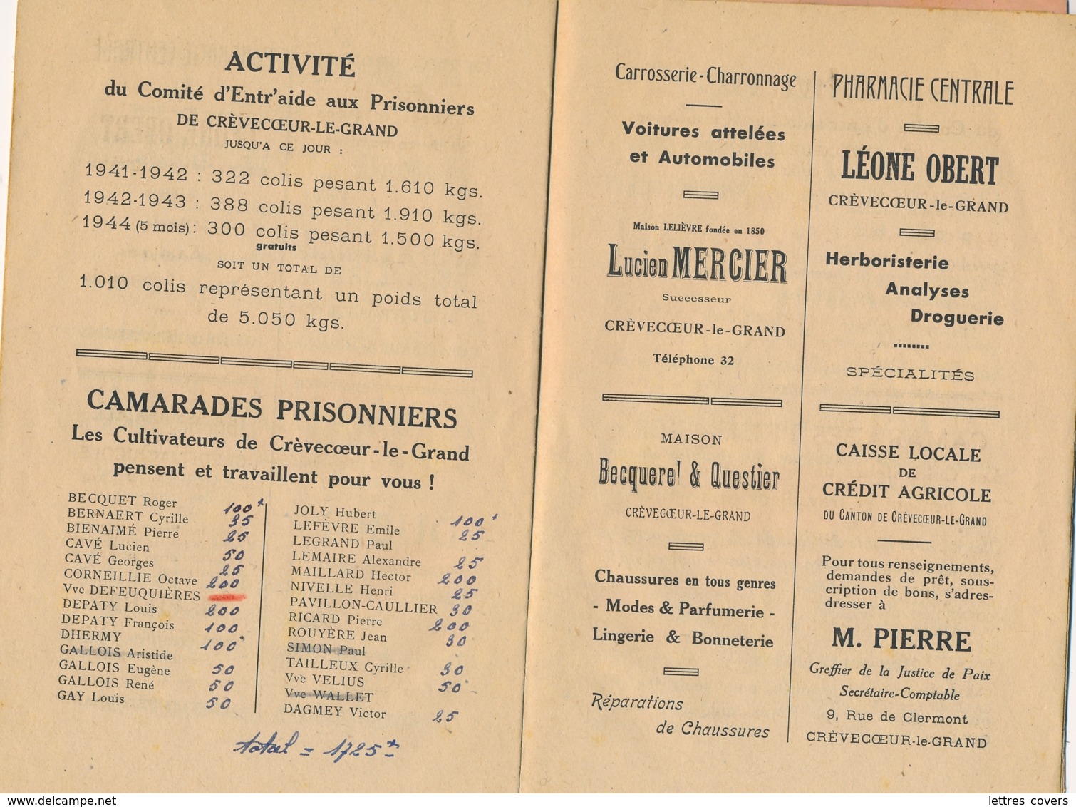 1944 PROGRAMME DE KERMESSE AU PROFIT DES PRISONNIERS DE CREVECOEUR LE GRAND OISE - Stalag - Historical Documents