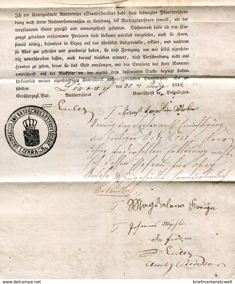 Hist. Dokument / 1832 / Schuld- Und Pfandurkunde Ex Loerrach (24230) - Historische Dokumente