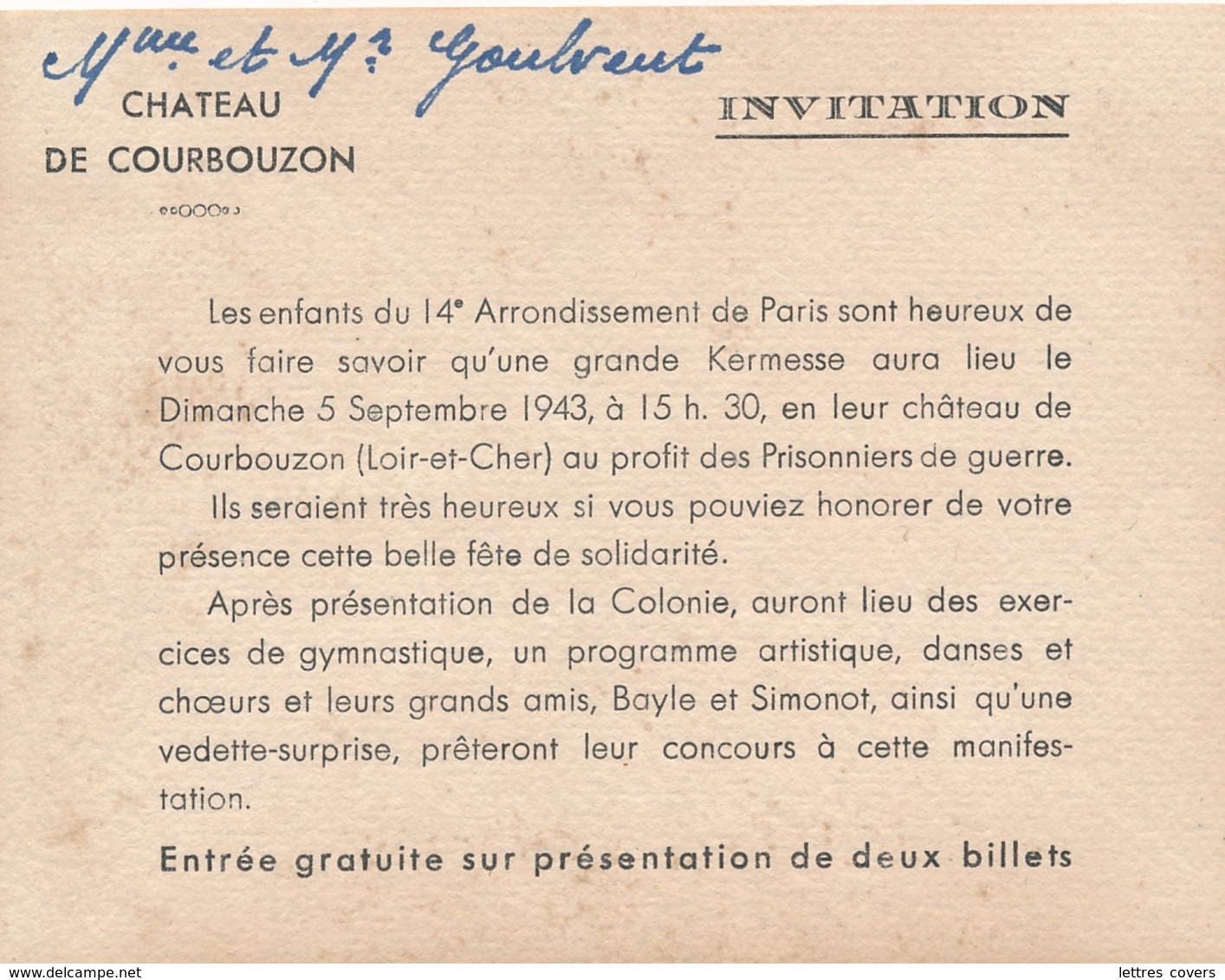 1943 Invitation KERMESSE COMITÉ D'ENTRAIDE PRISONNIERS DE GUERRE - COURBOUZON LOIR ET CHER - Documentos Históricos