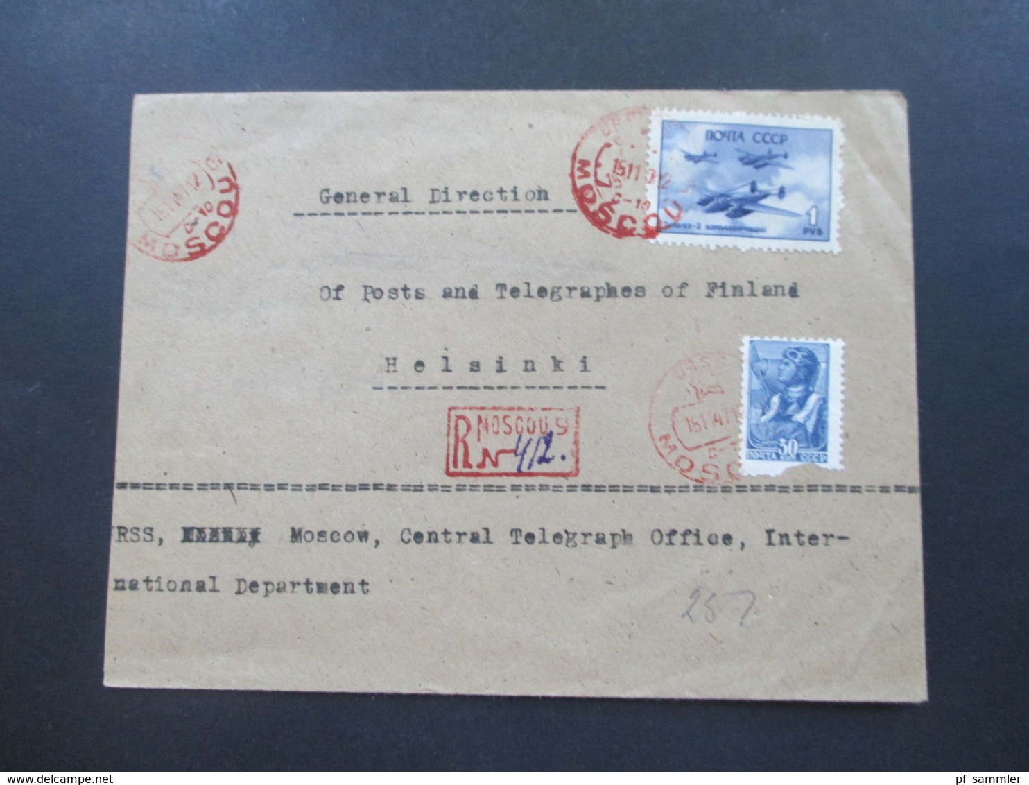 1945 Tag Der Luftwaffe Sowjetische Kampfflugzeuge Einschreiben Rote Stempel Moscow R-Zettel Gestempelt Rot Nach Helsinki - Storia Postale