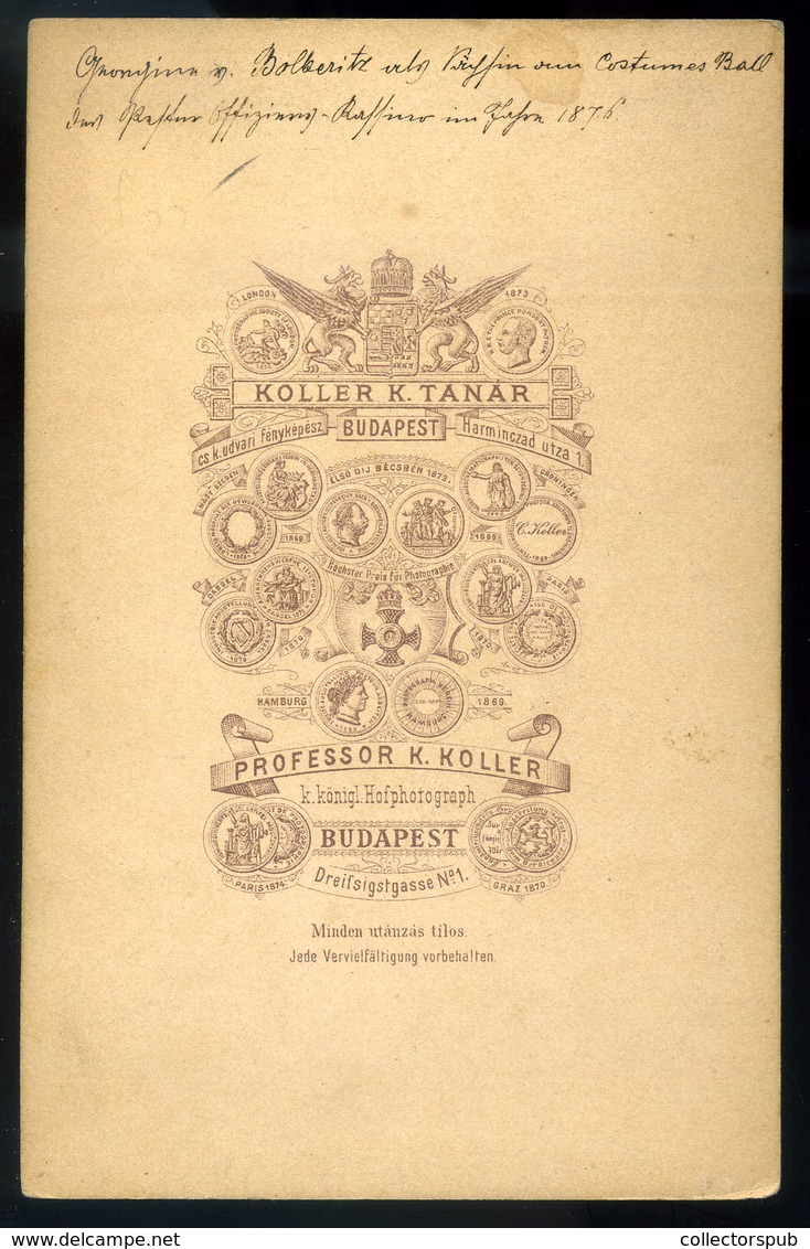 BUDAPEST 1876. Koller Károly : Hölgy Népviseletben , Bolberitz Család,  Cabinet Fotó  /  Lady In Traditional Costume Bol - Other & Unclassified