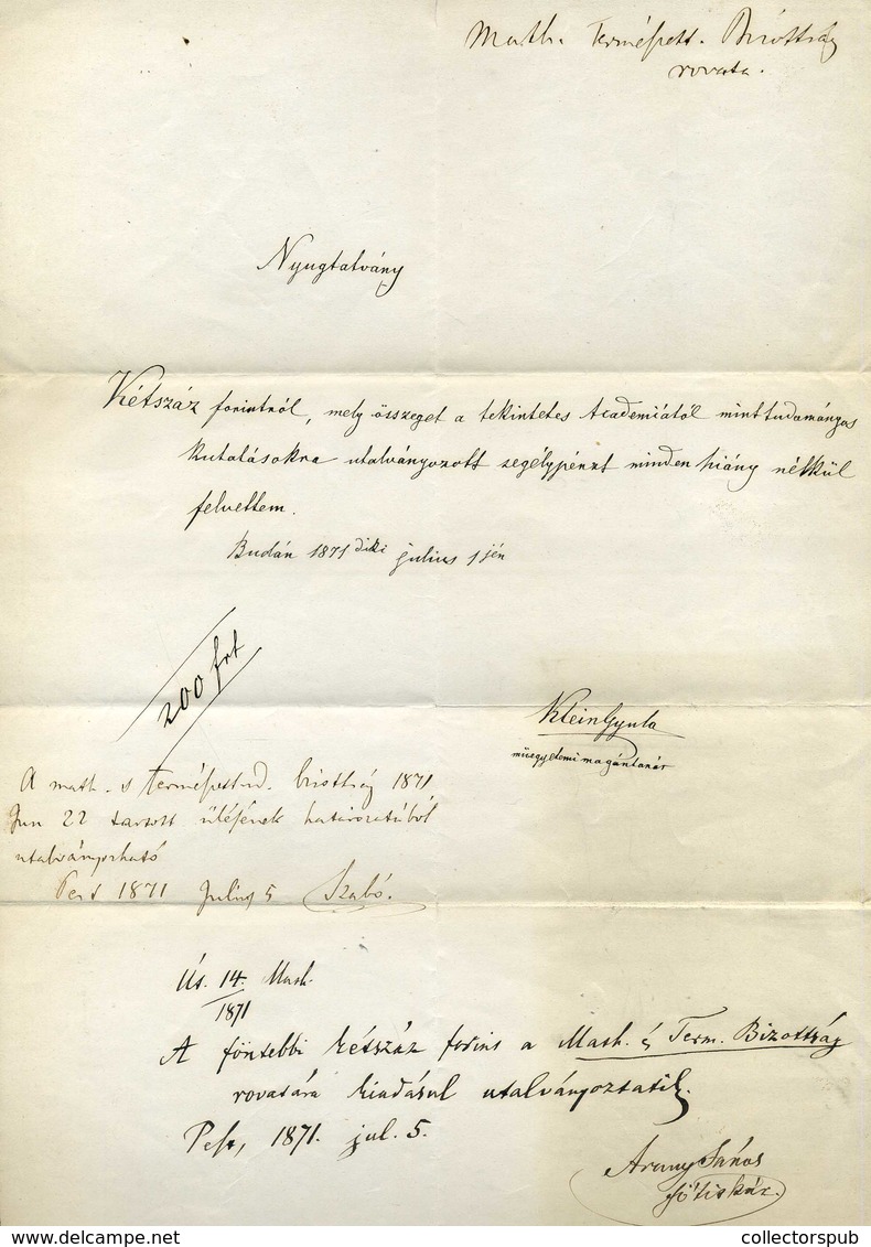 1871. Arany János (1817-1882) Költő, Az Akadémia Főtitkára Saját Kezű Aláírása Dekoratív Dokumentumon  /  János Arany Po - Zonder Classificatie