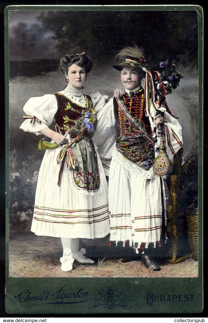 BUDAPEST 1910. Ca. Schmidt Ágoston : Pár, Népviseletben Színezett Cabinet Fotó  /  Couple In Traditional Costume Vintage - Autres & Non Classés