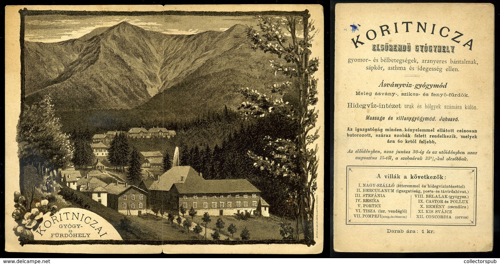 KORITNICZA 1910. Ca. Gyógyfürdőhely , Panoráma Reklám Kártya (dupla Képeslap Méret)  /  Health Bath Panorama Adv. Card ( - Non Classés