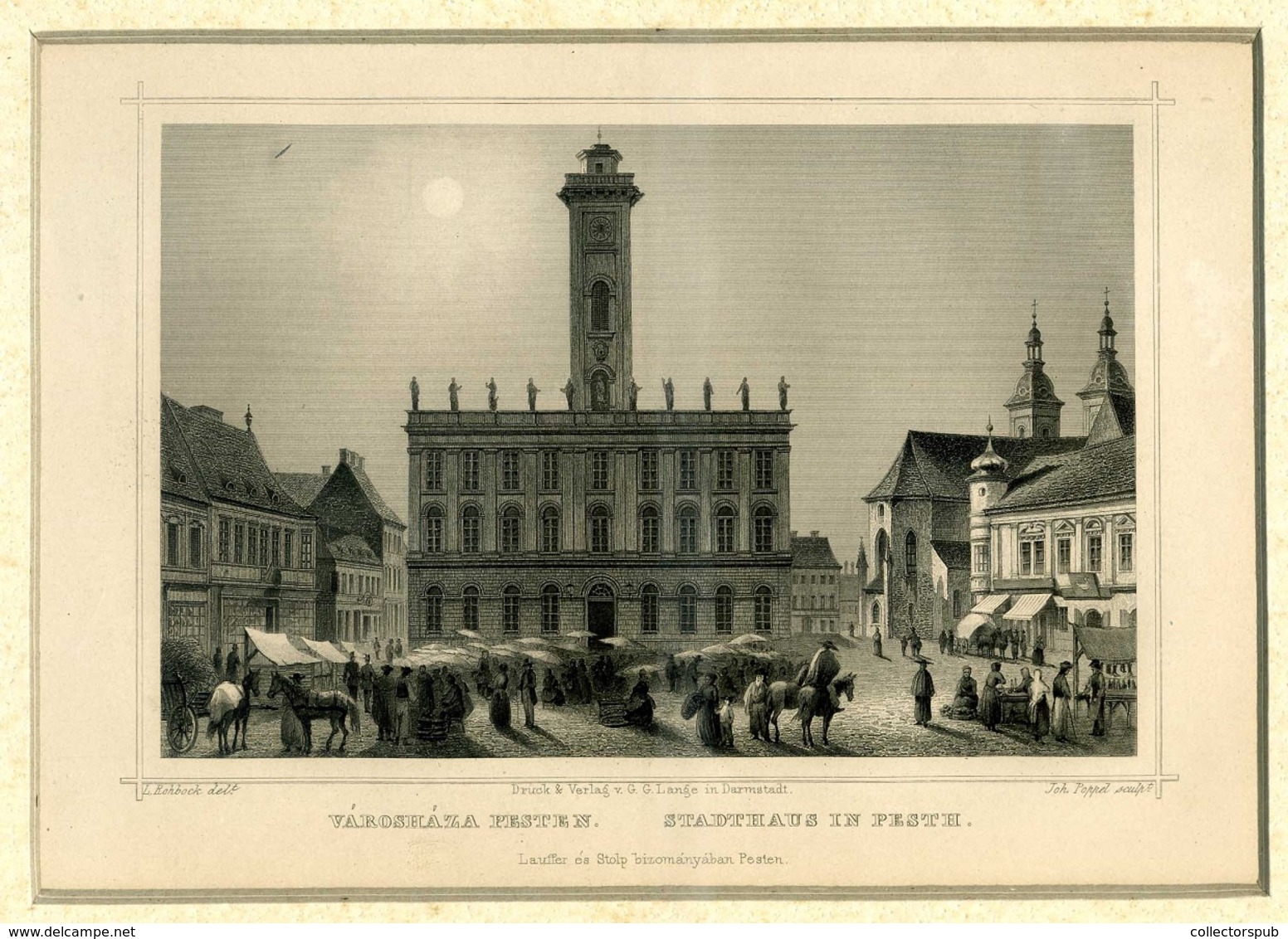 VÁROSHÁZA PESTEN Rohbock  1856. Acélmetszet. Képméret: 130×180 Mm. Lapméret: 160×240 Mm. Paszpartuban. - Prints & Engravings