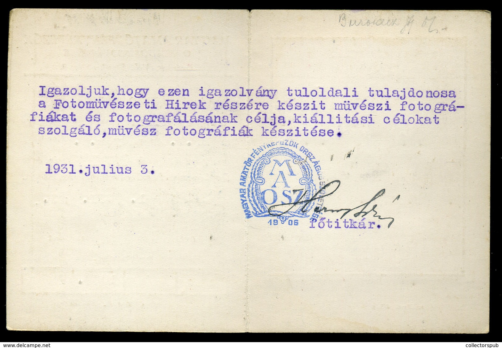 1931. Magyar Amatőrfényképezők Országos Szövetsége , Hegyey Tibor , Fényképes Igazolványa - Unclassified