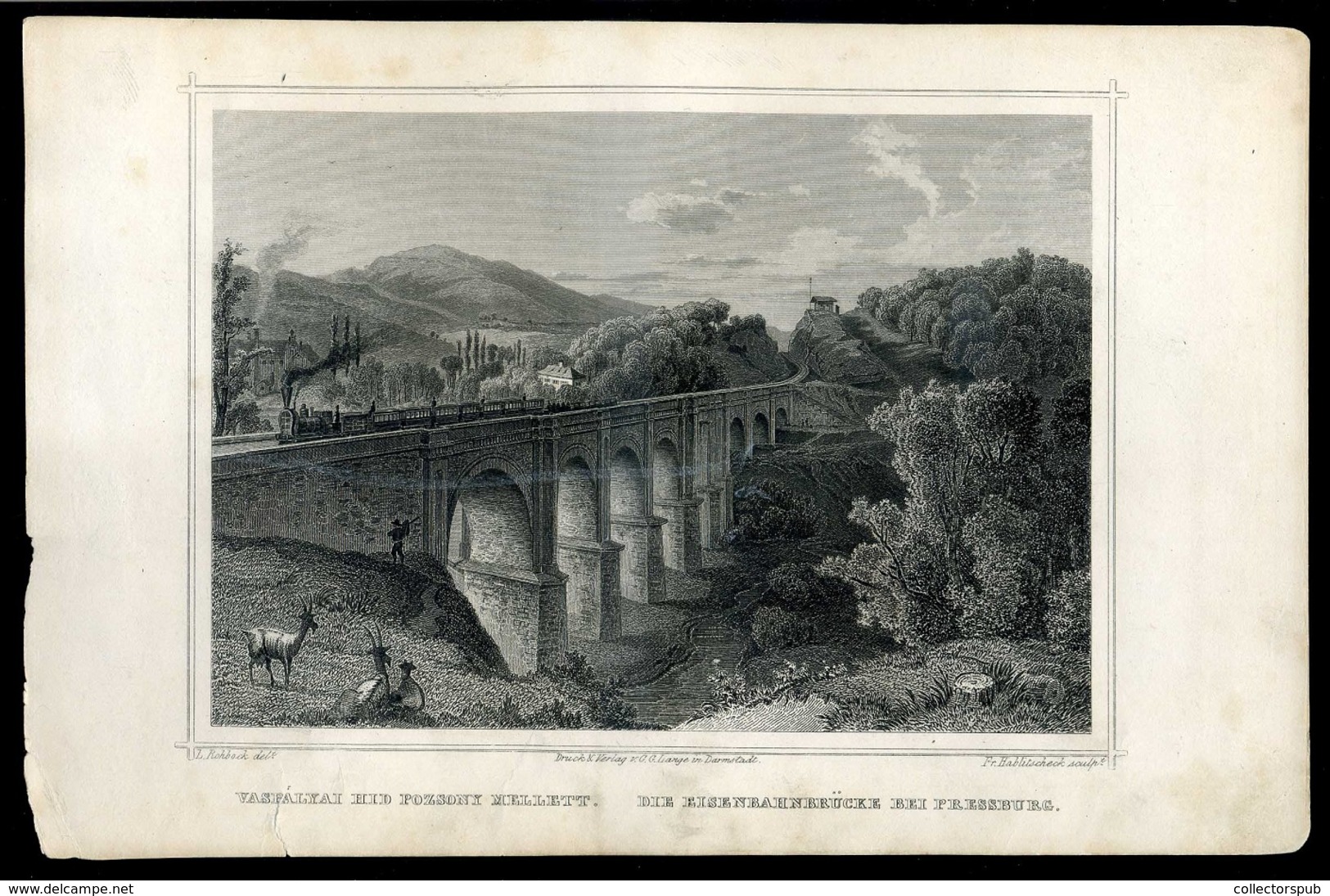 Rohbock, Ludwig: Vaspályai Híd Pozsony Mellett. Acélmetszet. 1856 - Prenten & Gravure