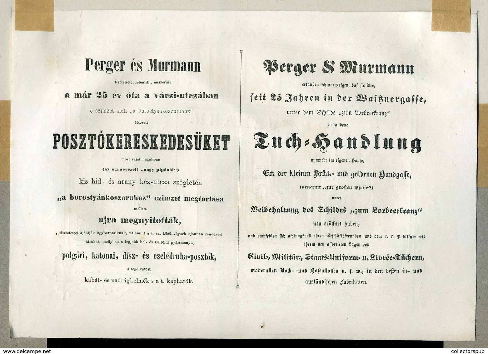 BUDAPEST 1854. Perger és Murmann Posztókereskedés, Dekoratív Metszetes Reklám Paszpartban. Landereer és Heckenast 23*16  - Non Classés