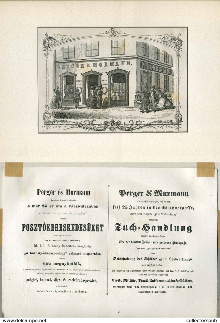 BUDAPEST 1854. Perger és Murmann Posztókereskedés, Dekoratív Metszetes Reklám Paszpartban. Landereer és Heckenast 23*16  - Non Classés