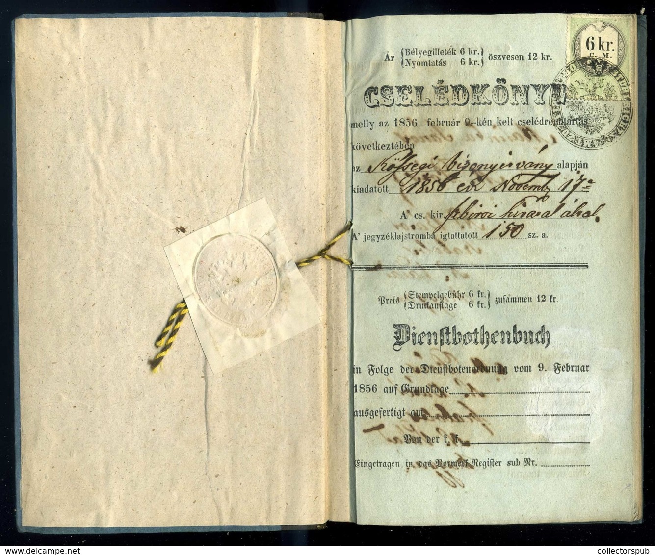 NYÍRBÁTOR 1856. Cselédkönyv , Okmánybélyeggel - Lettres & Documents