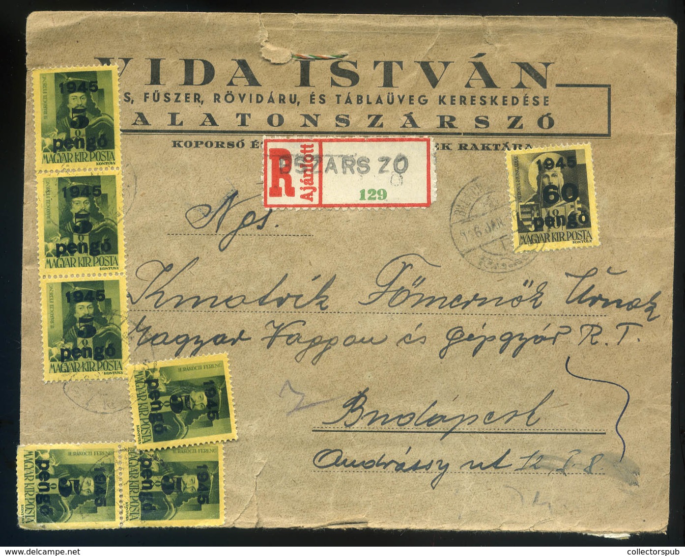 SZÁRSZÓ 1946.01. Ajánlott Levél 141 Db (!) Bélyeggel (egy Része Csatolt Pótlapon) Budapestre Küldve. Látványos Inflációs - Lettres & Documents