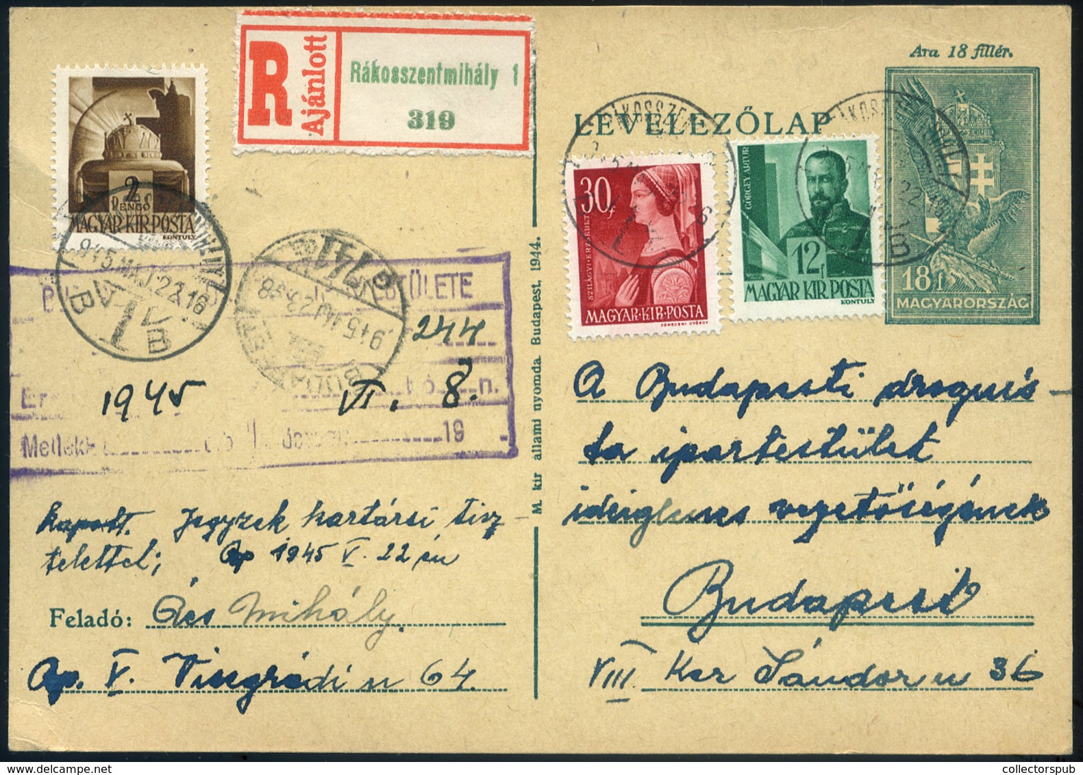 RÁKOSSZENTMIHÁLY 1945.05. Ajánlott Kiegészített Díjjegyes Levlap Budapestre Küldve  /  Reg. Uprated Stationery P.card To - Lettres & Documents