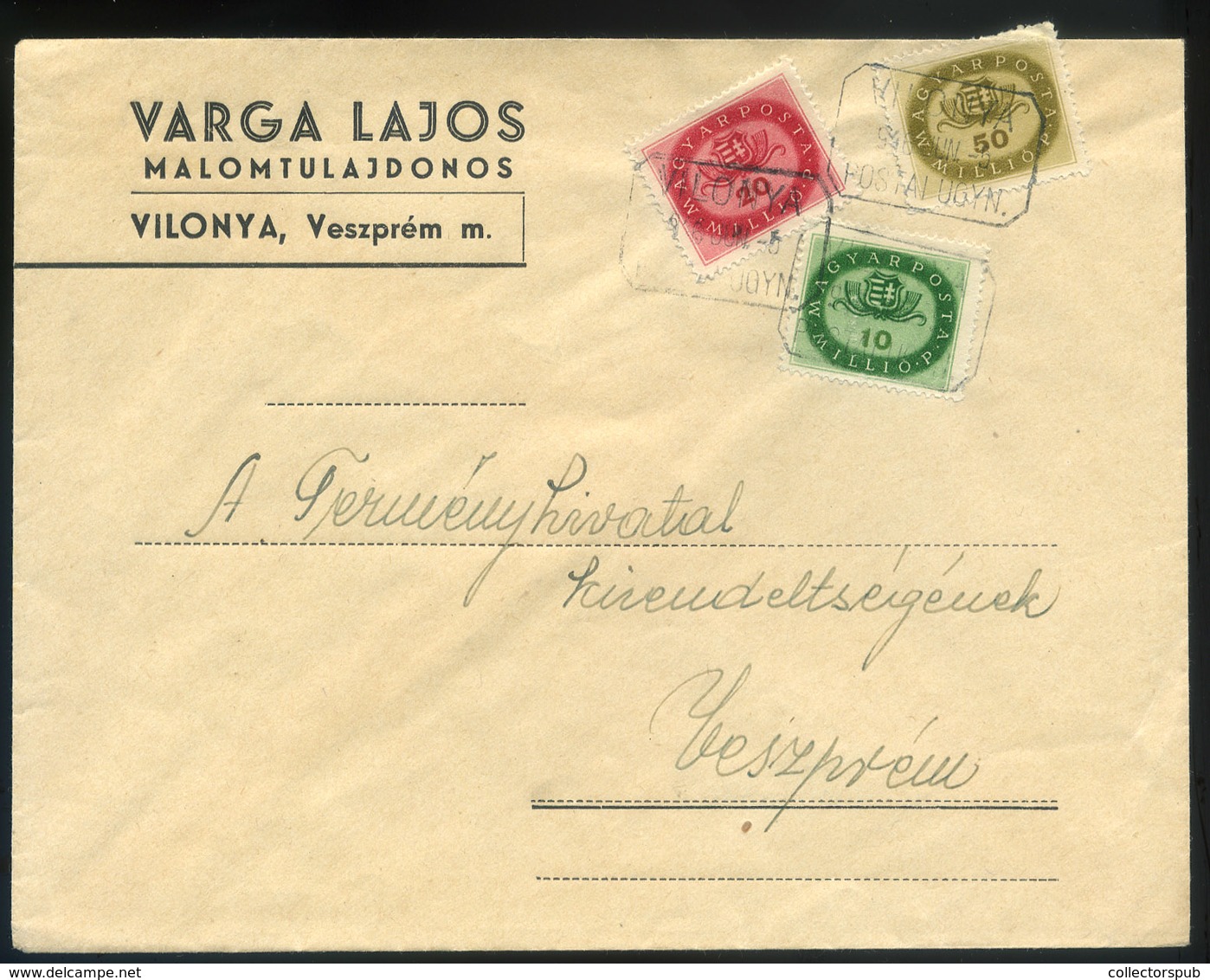 VILONYA 1946.06.05. Dekoratív Céges Infla Levél, Háromszínű Bérmentesítéssel Veszprémbe Küldve - Brieven En Documenten