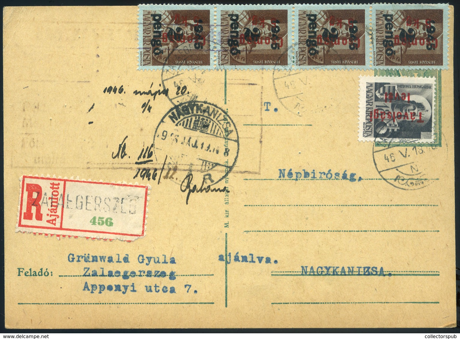 ZALAEGERSZEG 1946.05.18. Ajánlott Infla Levlap Nagykanizsára Küldve - Lettres & Documents