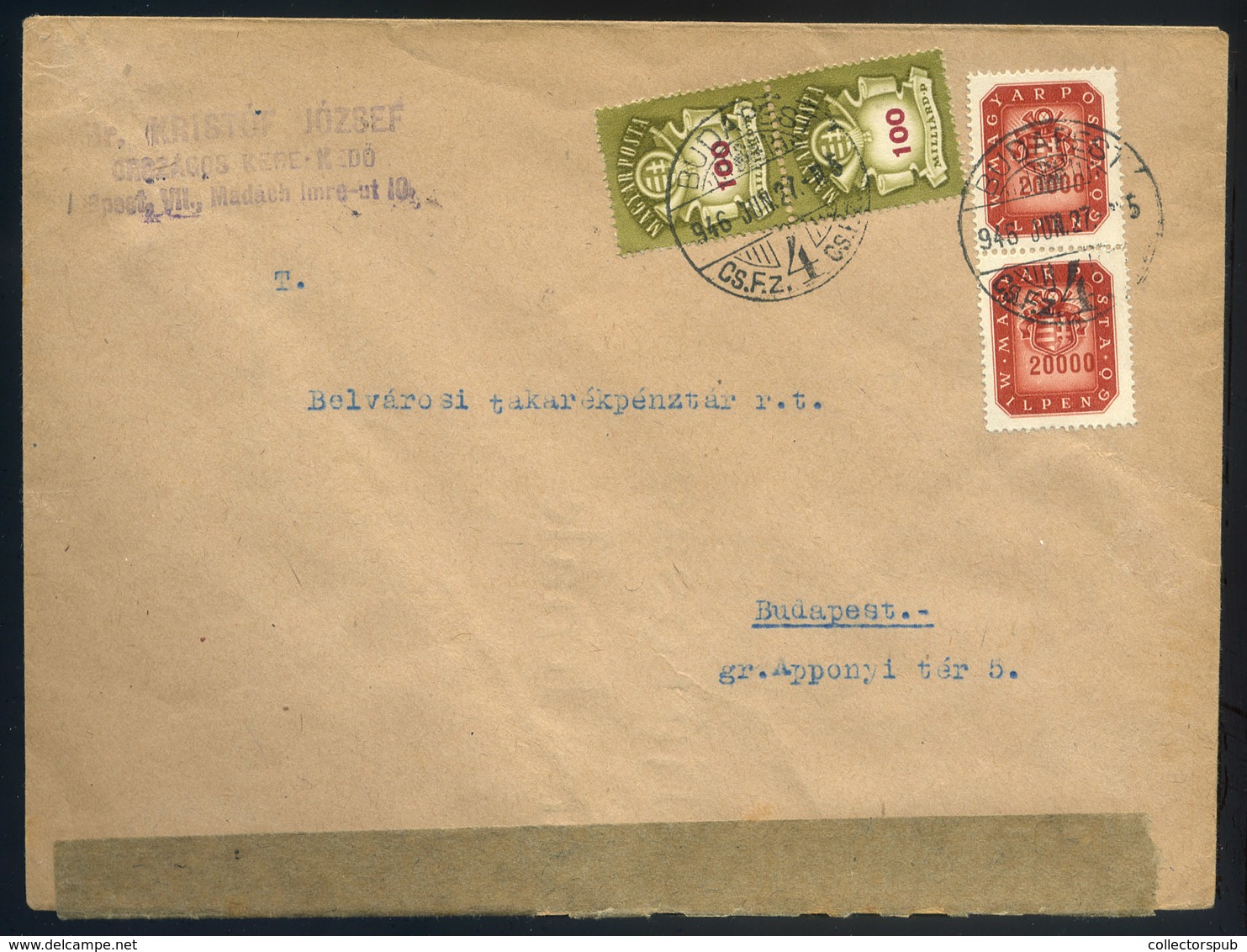 BUDAPEST 1946. 06.27. (21. Dsz. ) Helyi Levél 2*100Milliard (első Napi Megjelenés) + 2*20000milP - Covers & Documents