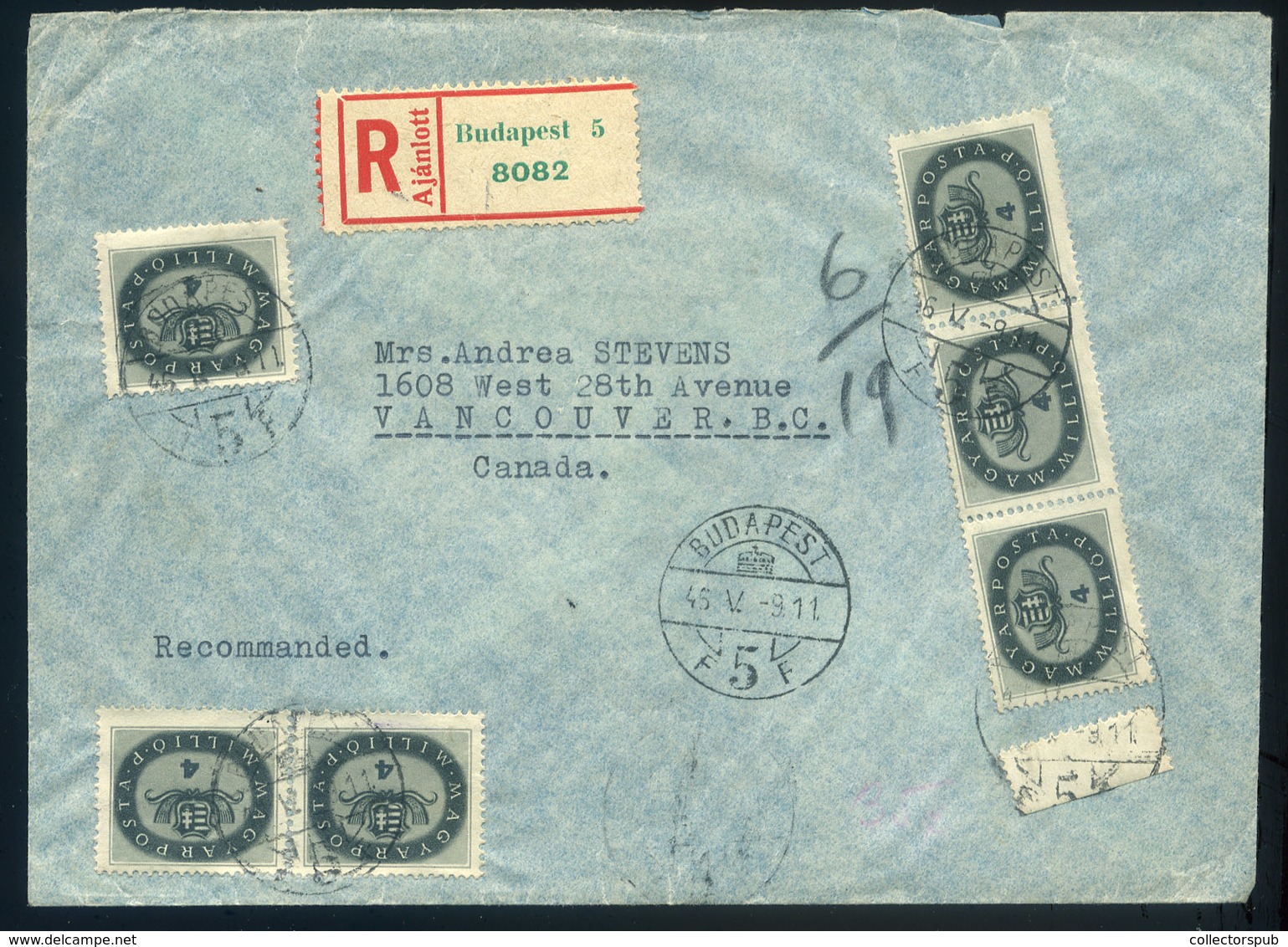 BUDAPEST 1946. Dekoratív Inflációs Ajánlott Levél Kanadába Küldve. Jó Darab!  /  Decorative Infl. Reg Letter To Canada G - Brieven En Documenten