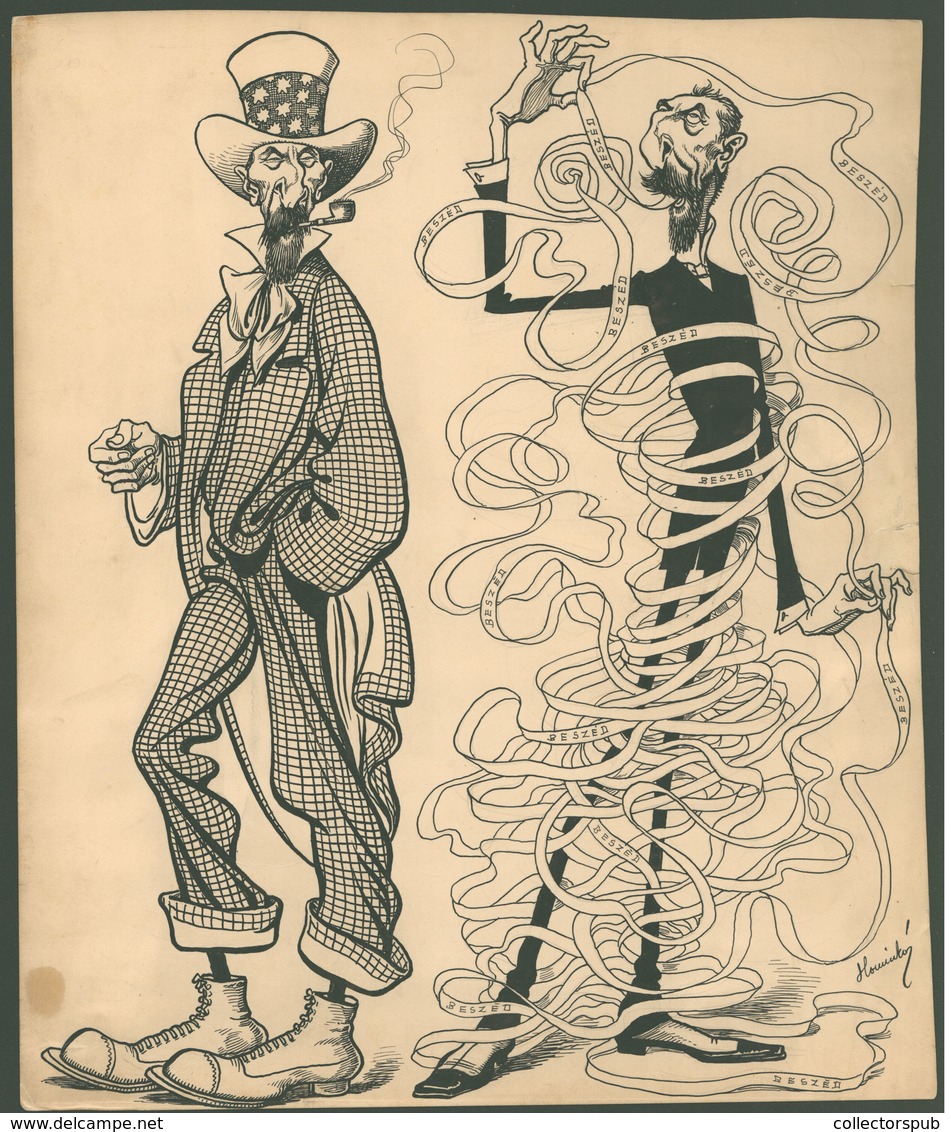 Homicskó Atanáz (1864-1916) Szignós Politikai Karikatúra , Tusrajz  32*27 Cm "Obstrukció"  /  Signed Political Caricatur - Unclassified